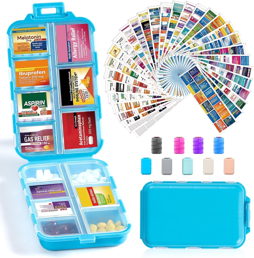 14 Grids 旅行药丸组织者盒,装有415-Pcs 药品名标签 - Pocket Daily Pharkey Case Control Kit - 旅行药剂持有者 鱼油维生素补充剂储存 - 蓝色