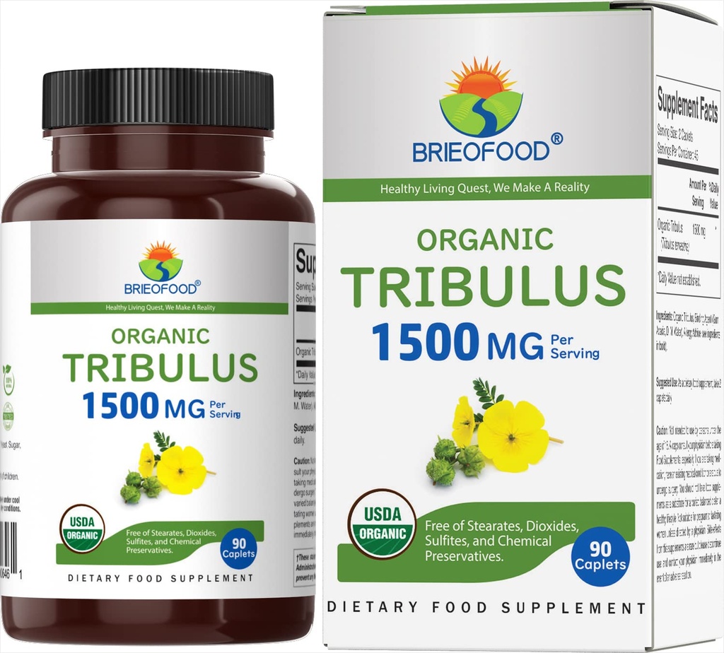Brieofood Organization Tribulus 1500mg, 45 services, Vegetarian, Gluten Free, 90 植物药片