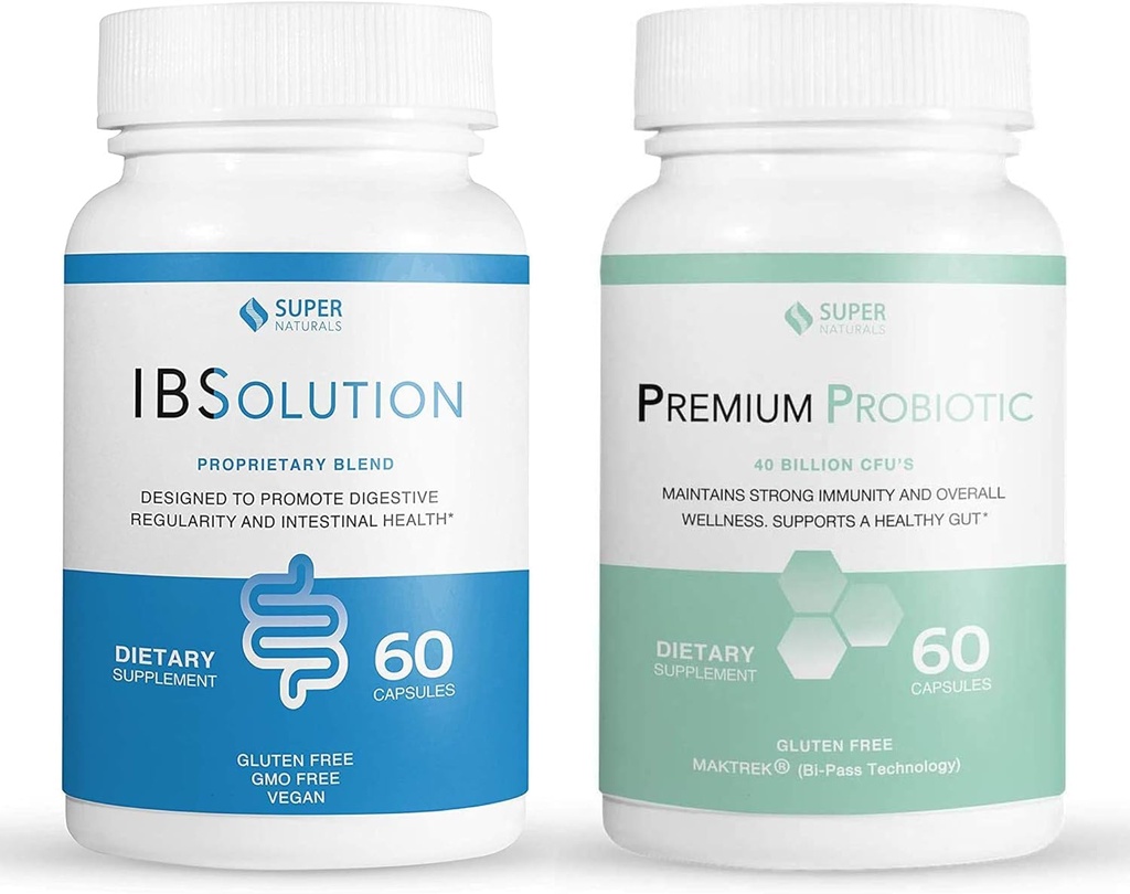 IBSolution Gut Health Bundle - All Natural Gut Health Supports & Premium Probiotics w/ 40亿CFU 支持不正规的鲍尔斯,布洛廷,便秘,毒气,腹痛 - 2 Pack(120盖)