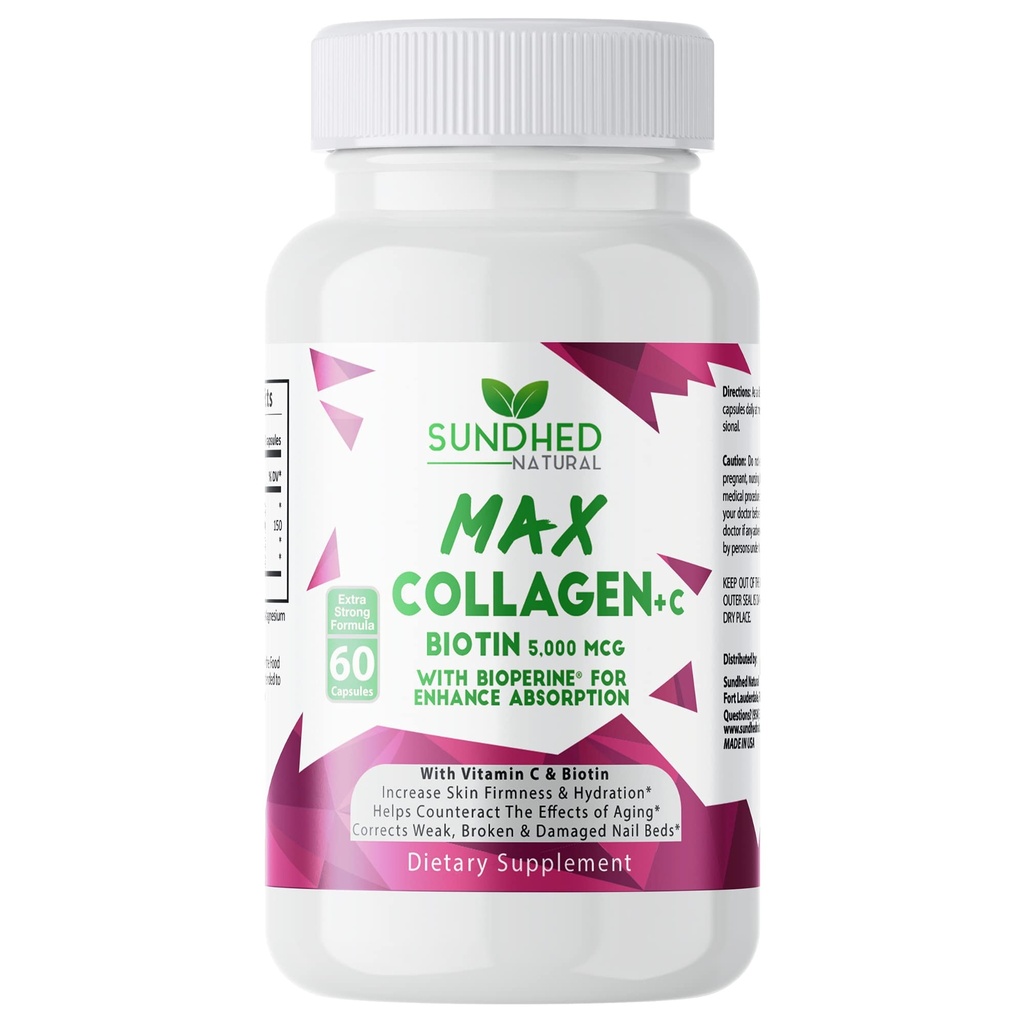 Max Colagen Plus C (60盖) - 所有天然的Colagen Capsules 配有 Biotin & Bioperine 用于促进抗衰老水分和皮肤固件 - Collagen Pills 用于强化骨头和钉子