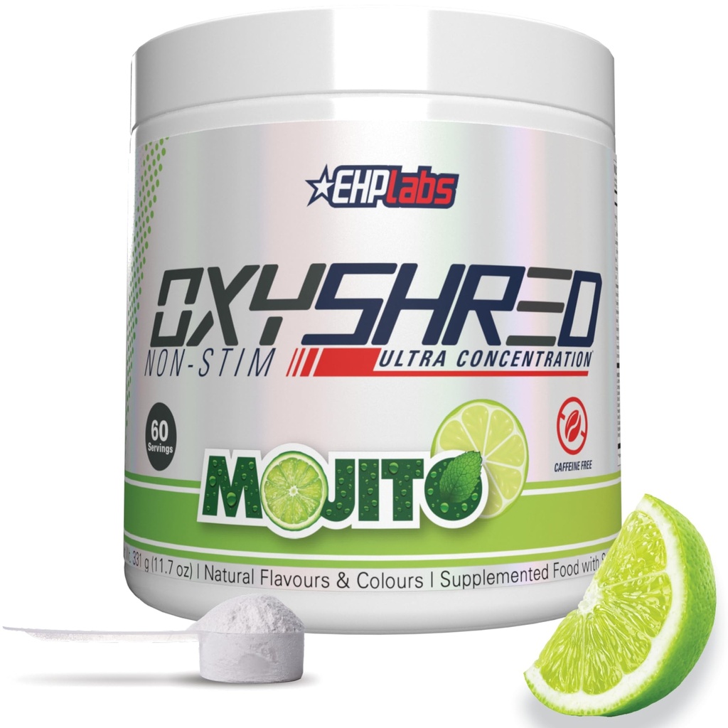 EHP实验室 OxyShred 非兴奋剂 工作前粉 - Stim Free Pre Workout, Cafeine Free Prewout for Men and Women - Non Stim Prewood - 糖无能量粉 - Mojito, 60 services