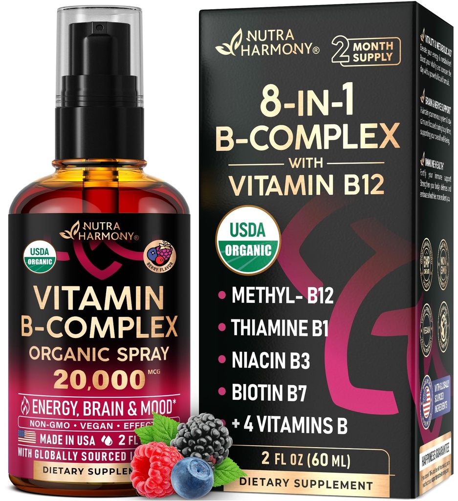 USDA 有机维生素B-复合液体喷射 8-in-1 - B5 泛神酸 | B12 甲基Cobalamin | B1  Thi B1 amine Thiamine | B6  Py B7  Bio B9 olic B9 olic B3  Ni Niacinamide - 在美国制成,2fl oz