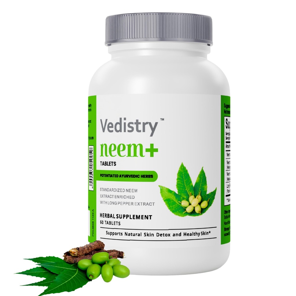 Vedistry Neem Supplements 1100mg Neem Tablets Supports Clear Skin, Detoxification & Immune Health, Neem Herbal Supplement for Acne & Promotes Healthy Skin with Long Pepper, 60 Vegan Tablets