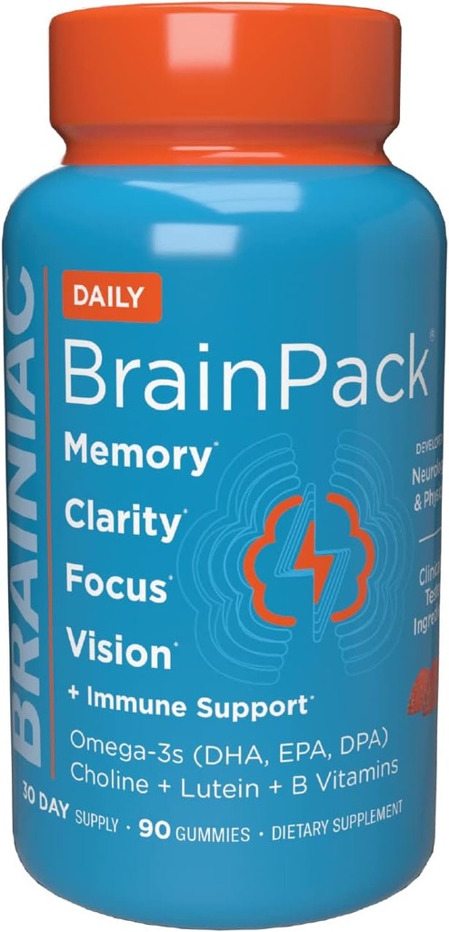 Brainiac Daily BrainPack Gummys, 支持脑健康与Omega 3 DHA EPA DA, Choline, B6 & B12和Lutein 在免疫支持下促进眼部健康, Citrus Berry Flavor, 90 cm