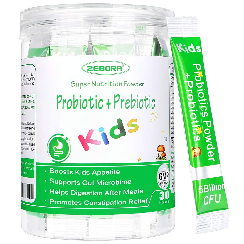 ZEBORA Kids Probiotic & Prebiotics Power 3+ 支持带有自然源头的儿童消化和免疫系统,促进便秘救济,非GMO,无Gluten,30个包,有5亿头