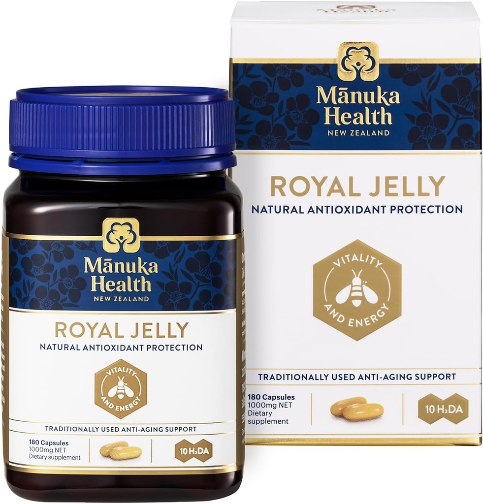 马努卡健康 皇家Jelly Capsules, 1000mg NET - 180 Counter (3-Month Supplement) - 来自新西兰的传统反老龄化补充剂