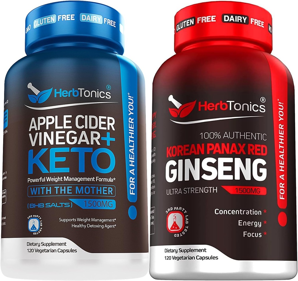 Herbtonics Apple Cider Vinegar Capsules Plus Keto BHB | Fat Burner & Wight 亏损女性和男性增益 - 高强 Ginsen 韩国红色 Panax 提取 - 对男性和女性的表现支持