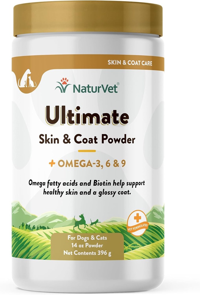NaturVet 终极皮肤和煤粉加奥米加 3,6和9 配料 狗和猫,粉,美国制造,全球源头成份 14 Ounce