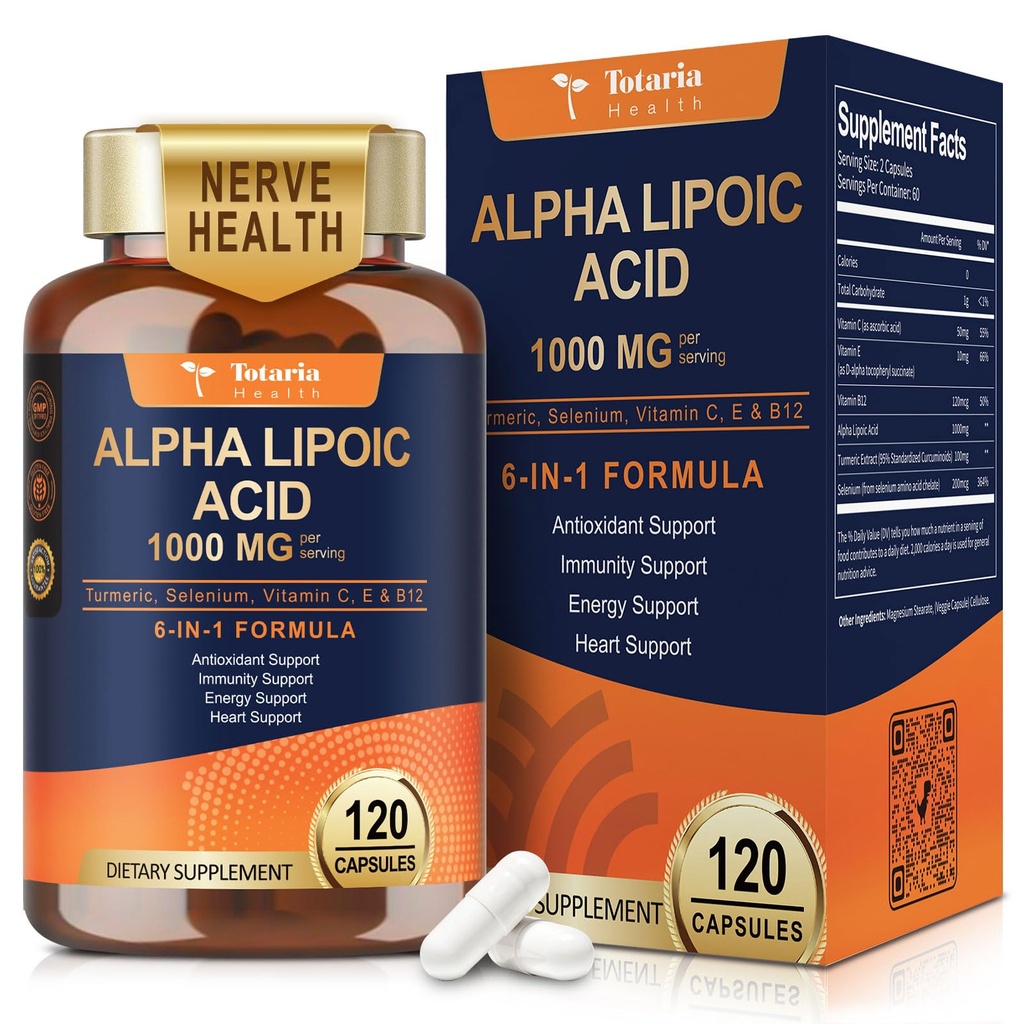 Totaria Alpha Lipoic Acid 1000mg - ALA 辅助抗氧化剂用于神经病支持 Nerve 健康,Liver 解毒剂,抗氧化剂,代谢剂和细胞能量,抗衰老 - 非GMO, Gluten Free, Vegan Safe
