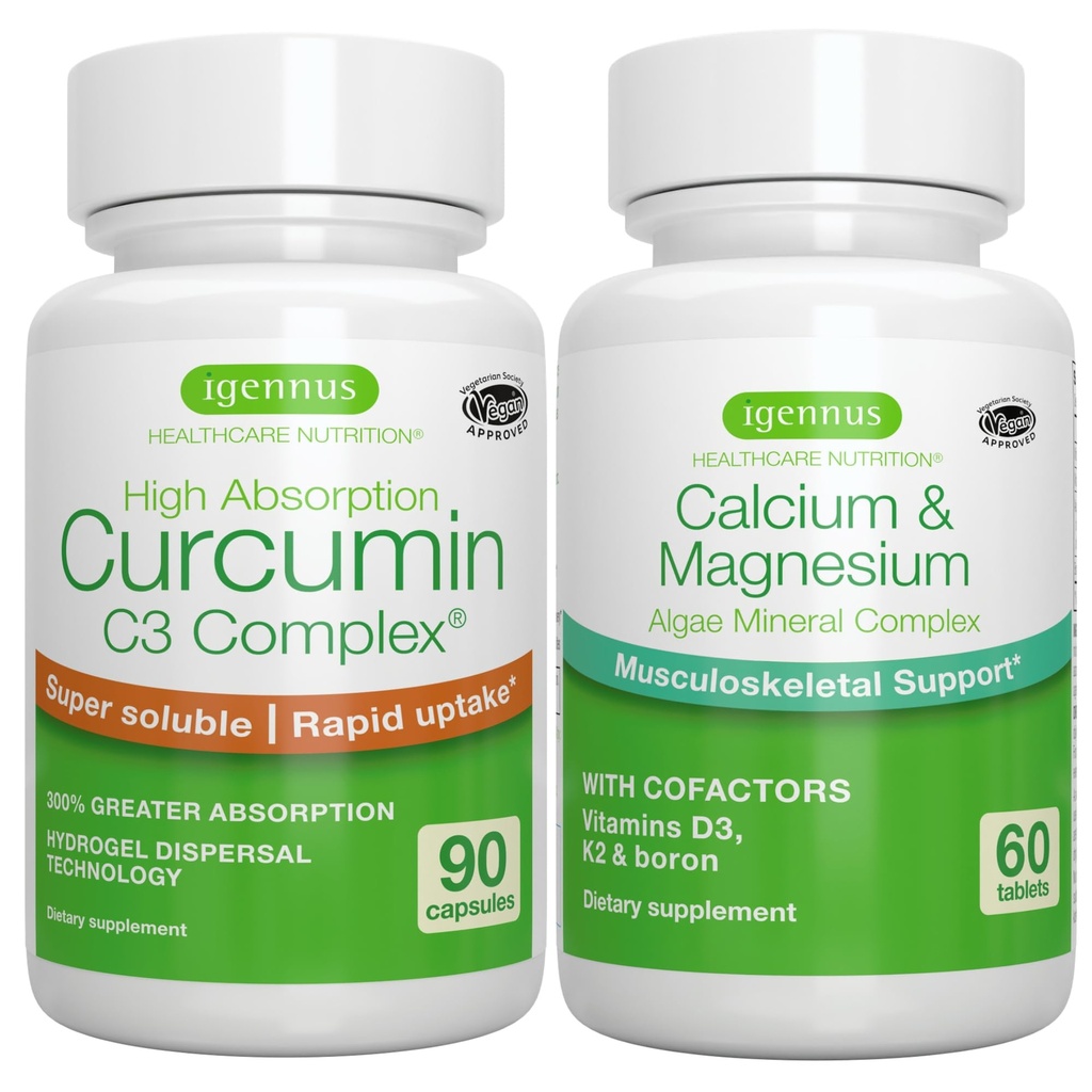 藻类钙和镁复合物 + 高吸收Crucumin C3复合物, Vegan Bundle for Bones, 关节和从锻炼中恢复, 作者: Igennus