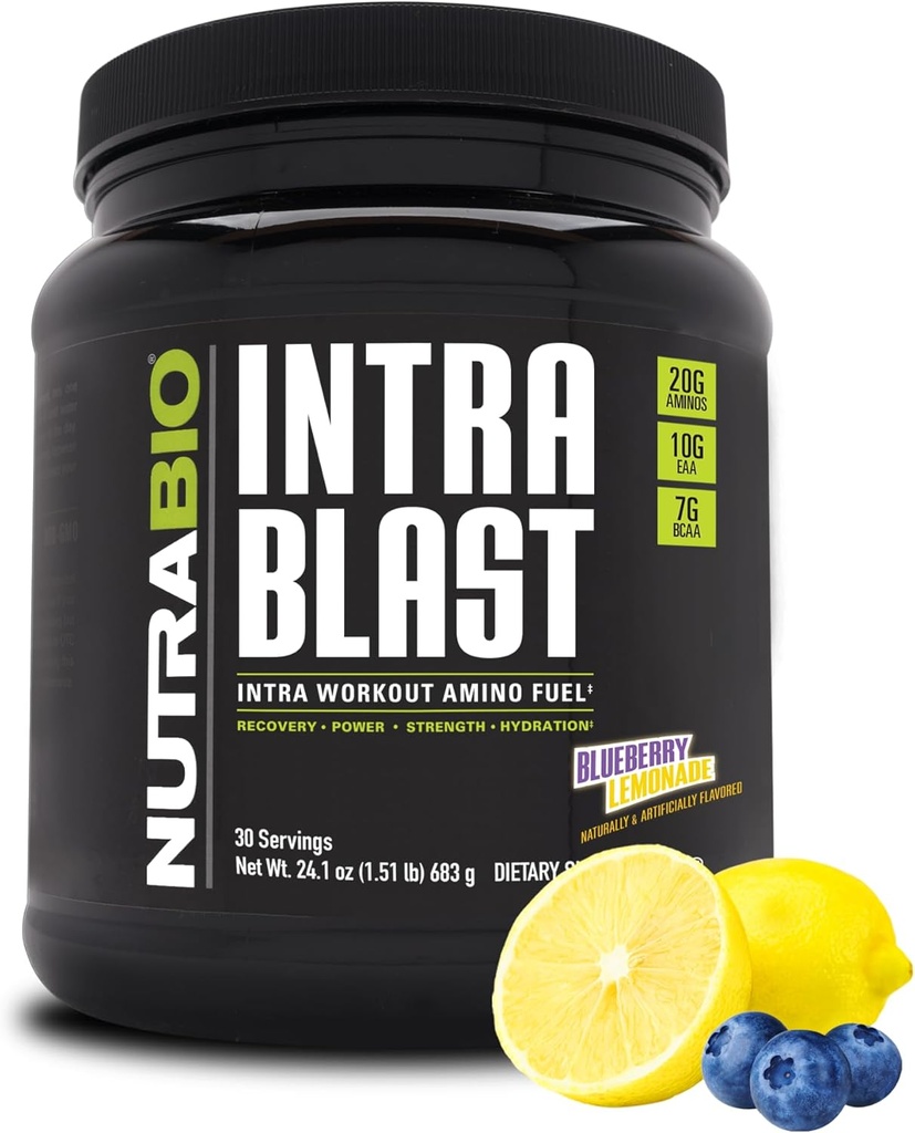 NutraBio Intra Blast Bcaa 氨基酸补充剂, 电解液和水分混合剂, Intra, Pre Workout & Muscle Recovery, 20g Eaa 氨基酸粉, 5g Glutamine-蓝莓柠檬酸, 30 service