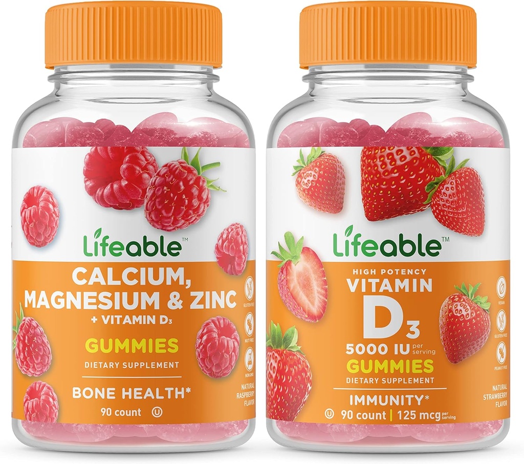 活性钙,镁,锌和维生素D +维生素D 5000 IU,Gummys Bundle - Great Tasting, Vitamin Supplement, Gluten Free, GMO Free, Chewwable (英语).