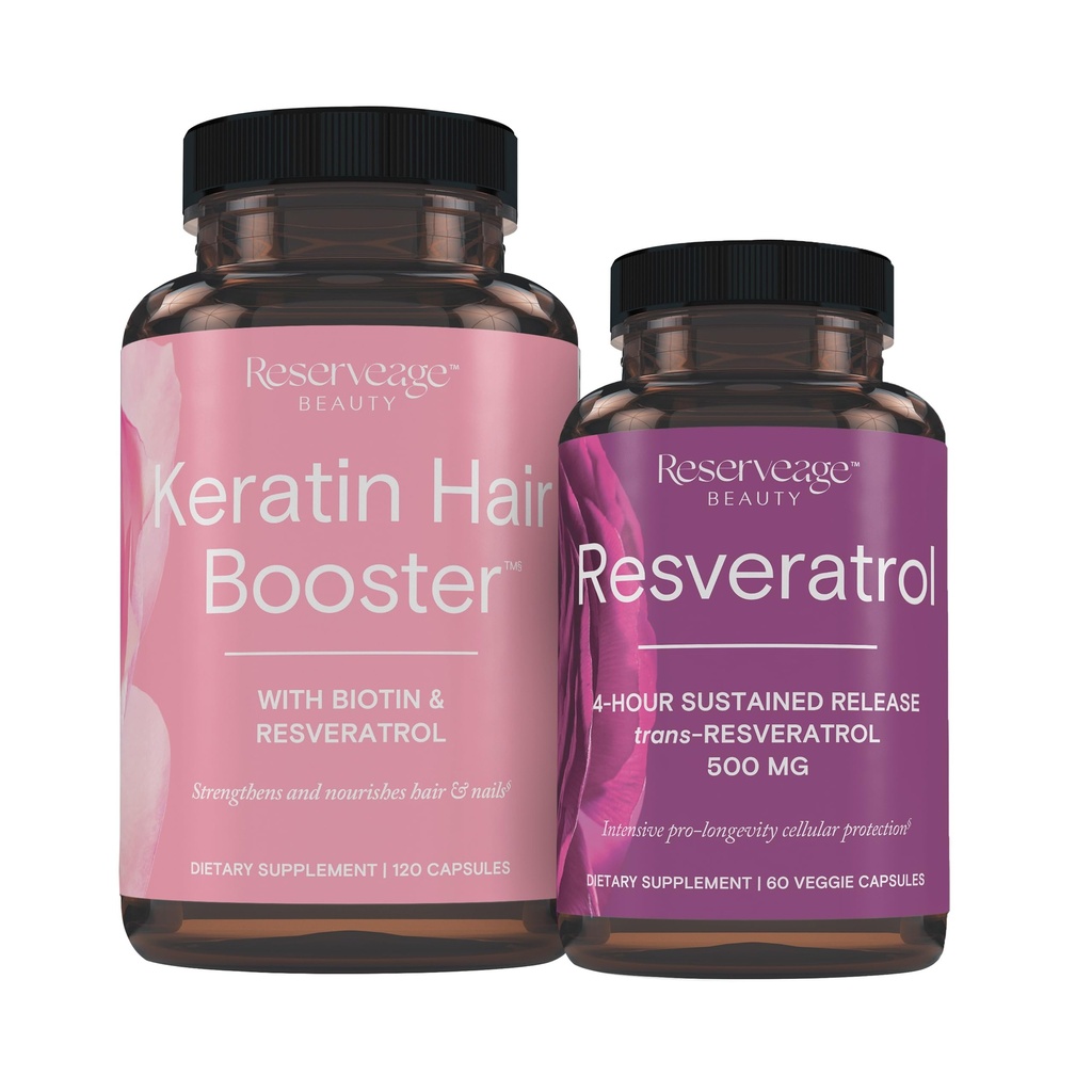 含有Biotin & Resveratrol、hair and Nail生长补充剂的储量营养 Keratin发型,120卡普尔(60种)和Resveratrol 500毫克,支持健康老龄化和免疫系统