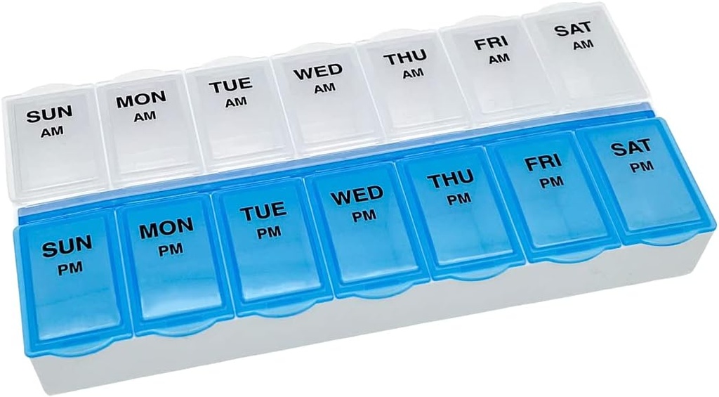   Basic Care (7-Day) AM/PM Pill Organizer, Vitamin Case, And Medicine Box, Large Compartments, 2 Times a Day, Blue and Clear Lids