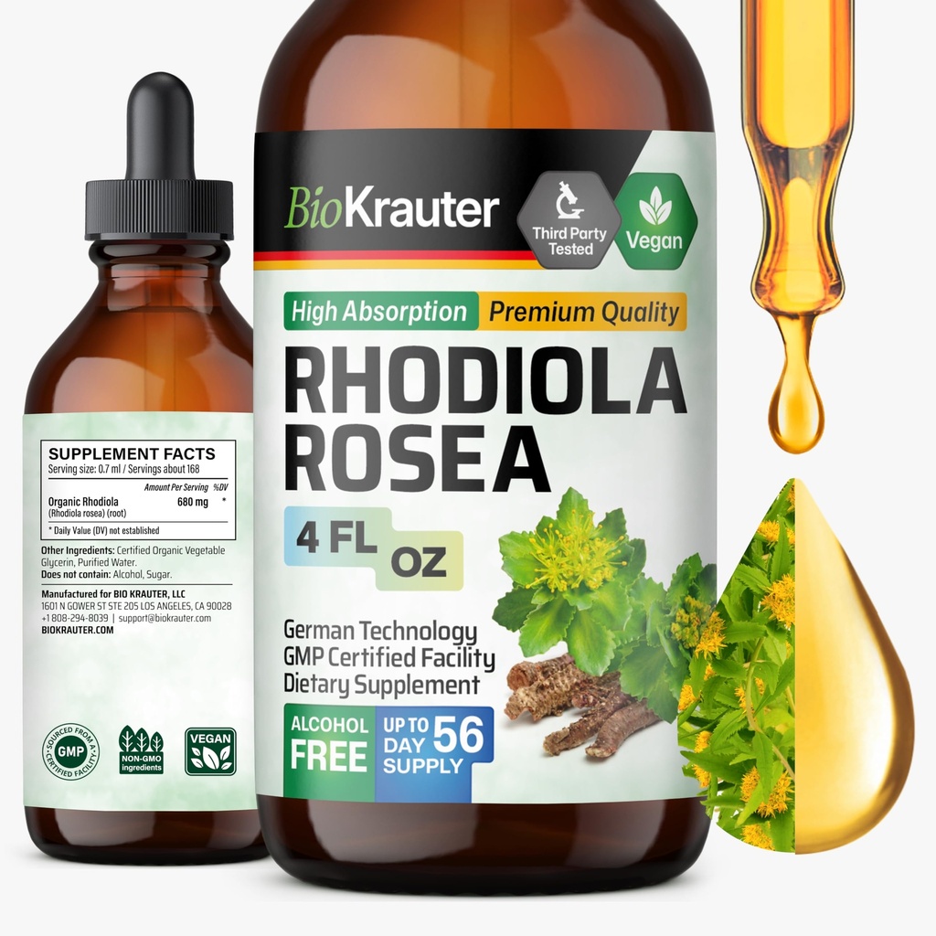 BIO KRAUTER Rhodiola 补充液 - 纯Rhodiola Rosea Tincture 用于镇静支持 - 酒精和糖自由提取 - 4 Fl.Oz.