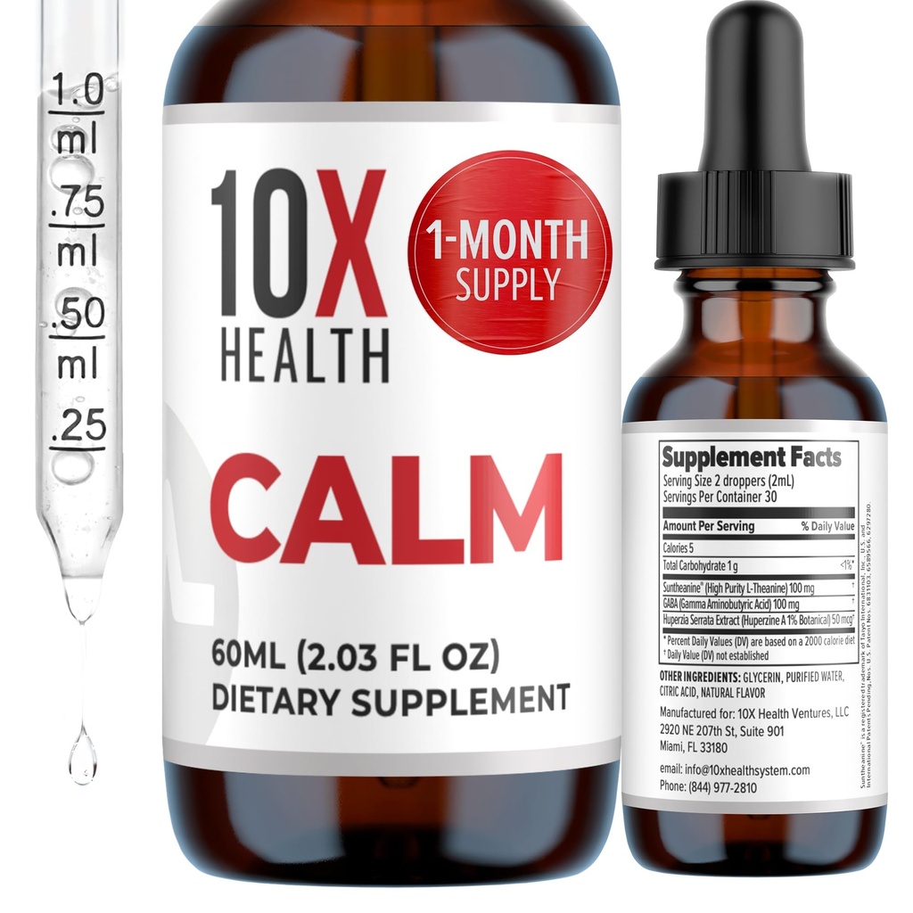 10X 健康 calm L Theanine 补充液滴 - 100mg L'Theanine Drops & 100mg GABA 辅助液滴 - 支持神经, calm & pression - Natural Flavor 2.03 Fl oz.