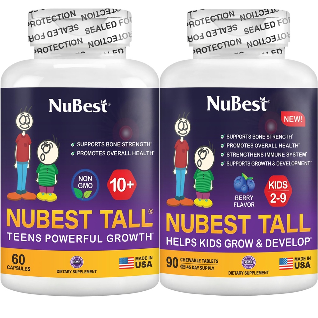 NuBest Bundle Tall 10 + 60 Capsules Tall Kids 90 Chewwable Tablets 儿童与青少年高成长支持 QQ Calcium,维生素 D3 K2, Collagen & Herbal Blend