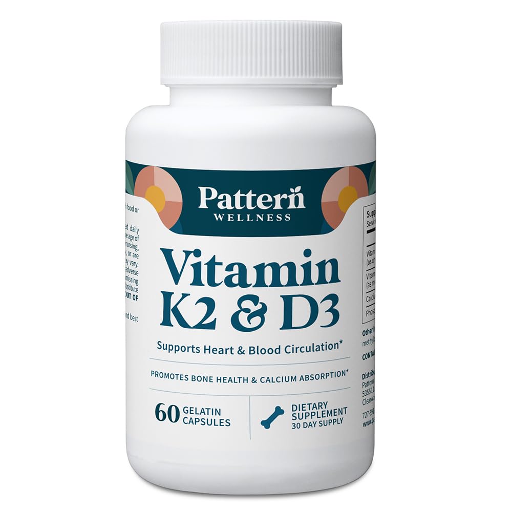 图案 健康 维生素 K2 & D3 配有钙的补充 – Bone Health, Circulatory Wellness & Imune Support - 非GMO - 60 capsules