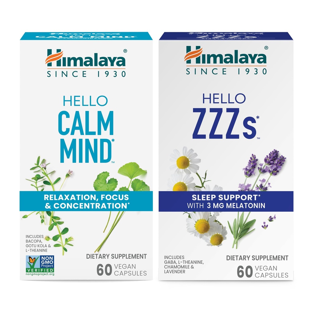 喜马拉雅 Hello Calm Mind with Bacopa for Relax, Focus and Community & Hello ZZZs with Melatonin for Sleep Support, 60 Capsules Each - Bundle (英语) (英语).