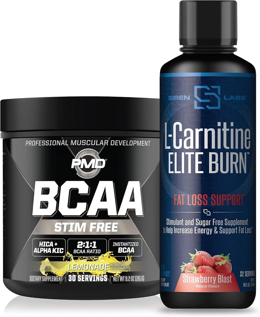 PMD Sports BCAA的免费恢复和性能柠檬水(30架)和Siren Labs L-Carnitine Elite 烧死脂肪 支持草莓 blast 3000 mg(32架)