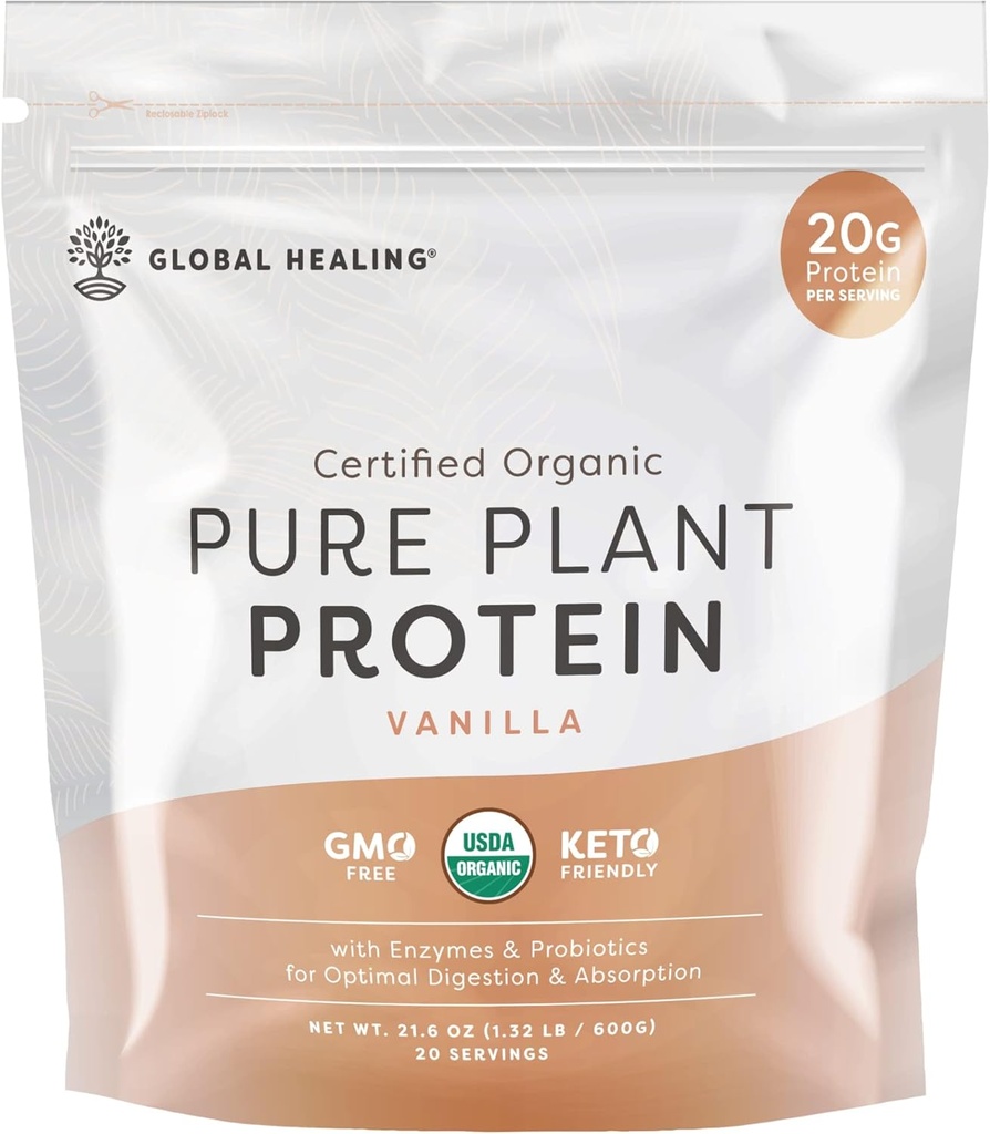 Global Healing Vegan Vanilla, 女性和男性植物蛋白粉,有机,食品替代(20种,20克蛋白)
