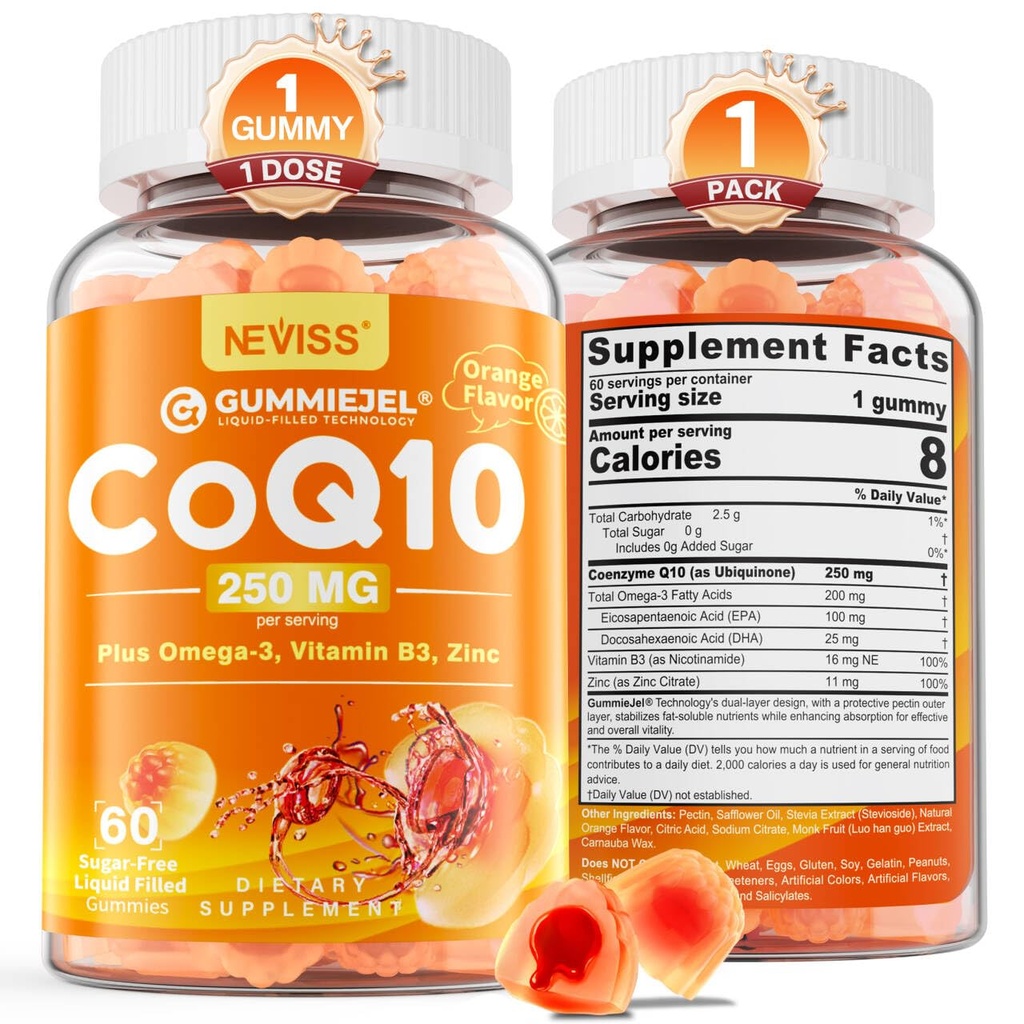 无糖CoQ10-250mg / 500mg 填充的Gummys - Plus Omega-3, EPA + DHA, B3 & Zinc - Ultra Co Q-10 用于听力健康,细胞能量,抗氧化剂支持,最多60天供应,Vegan 60Cts