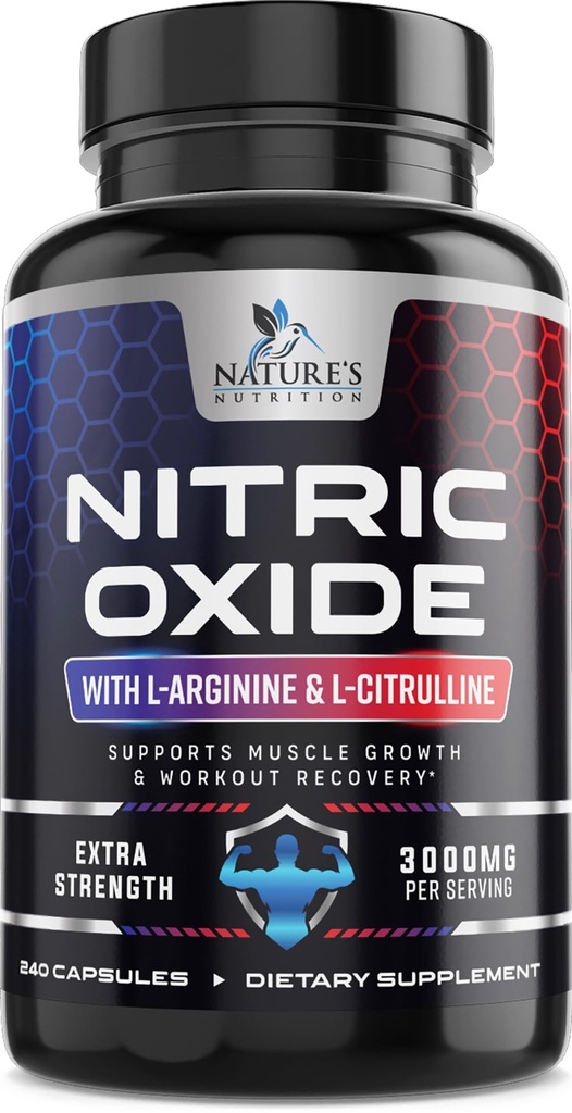 氮氧化物助推剂 Extra power 3,000mg - 3X 强 L-Arginine & Citrulline, 男子最佳氮氧化物补充剂,支持肌肉,心脏健康,能源补充剂,美国瓶装,240卡普尔