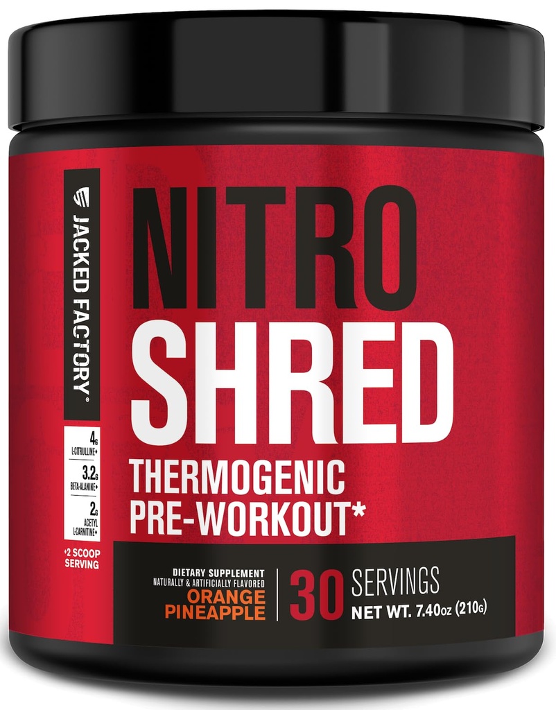 Jacked Factory NITROSURGE Shred Pre Workout Supplement - 能量助推器,即时强力增益器,尖锐聚焦器,强力泵 - Nitric Oxide Boster & PreWorkout Powder - 30Sv,橙菠萝