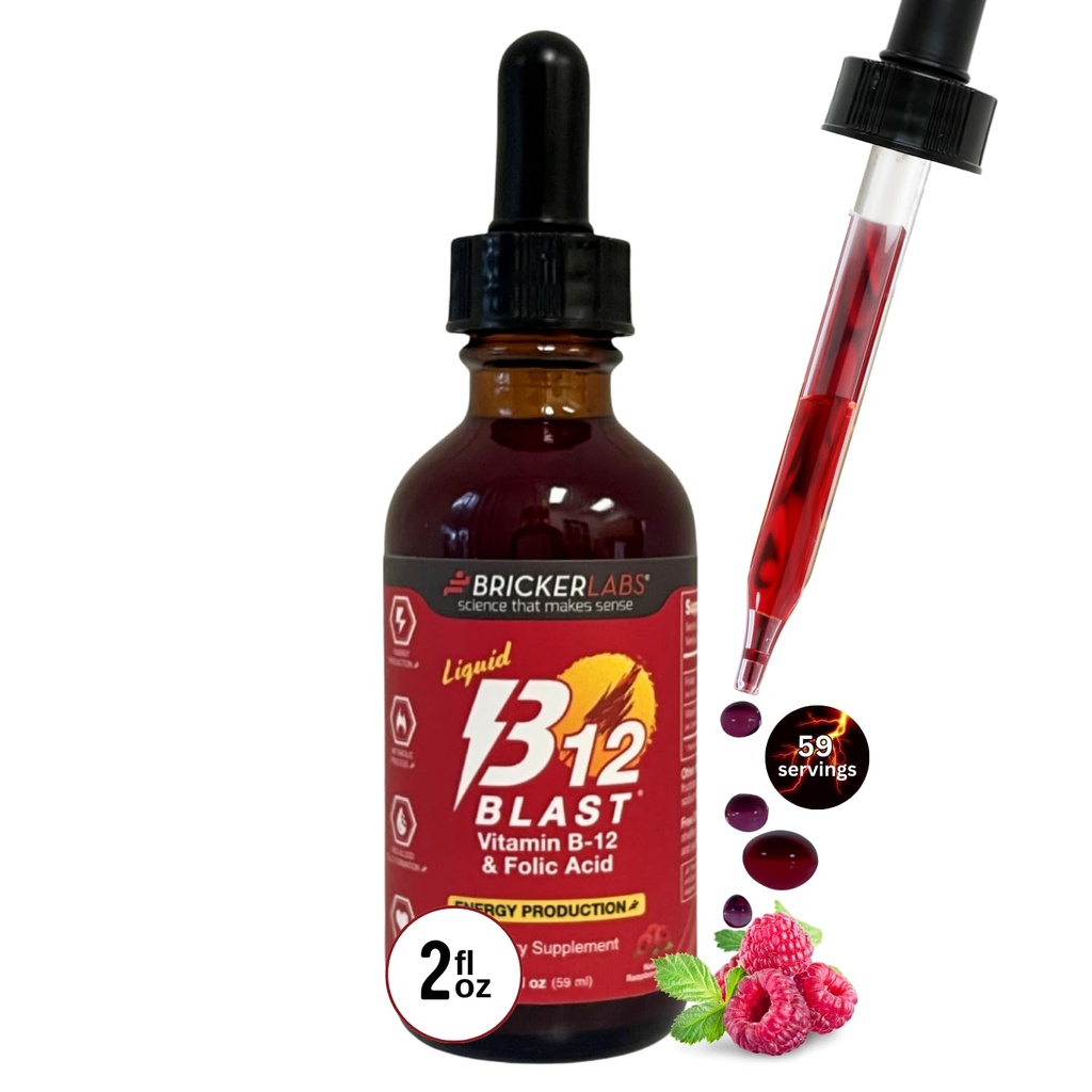 Bricker Labs B-12 爆裂液体维生素B12和叶酸补充剂,支持能源生产,大品味液体维生素B12 天然草莓Flavor饮食补充剂,2 fl oz瓶