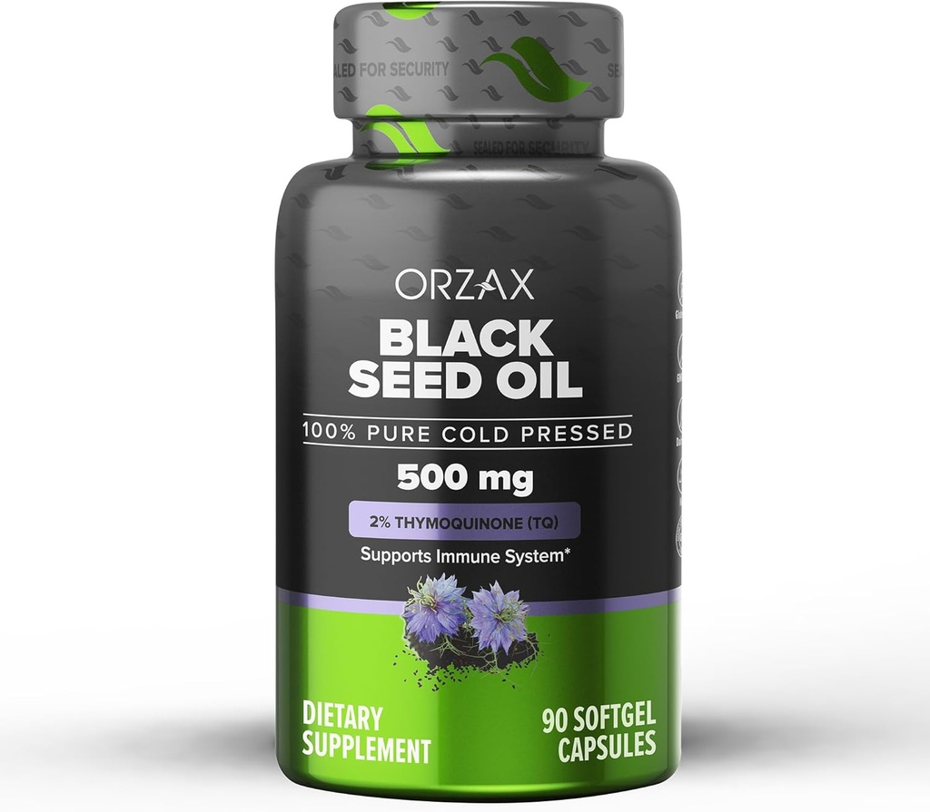ORZAX 黑籽油冷压100% 纯 |  Non 非 GMO - 富含Omega 3 6 9 & Thymoquinone | Black Cumin Nigela Sativa 油用于免疫支持,头发,皮肤,面部(500 mg - 90软胶盖)