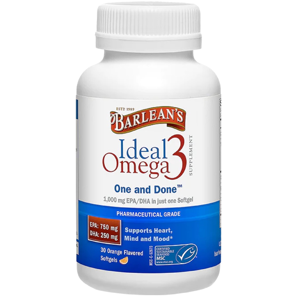 Barlean's ideal Omega 3 营养补充软胶,含1,000mg EPA/DHA 心脏,心智,和Mood - 认证 可持续海鲜,药品级 - 30名