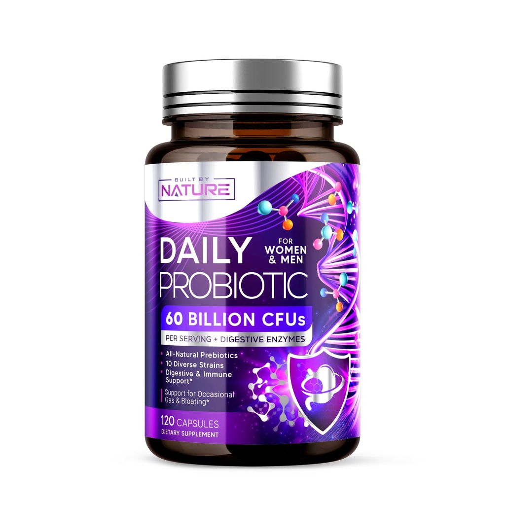 由自然为女性和男性创造——60亿个CFU、10个Strains + Prebiotics 和 消化酶——支持消化、免疫、减少气体和布洛廷 —— 稳定大陆架、非GMO——120个卡普尔