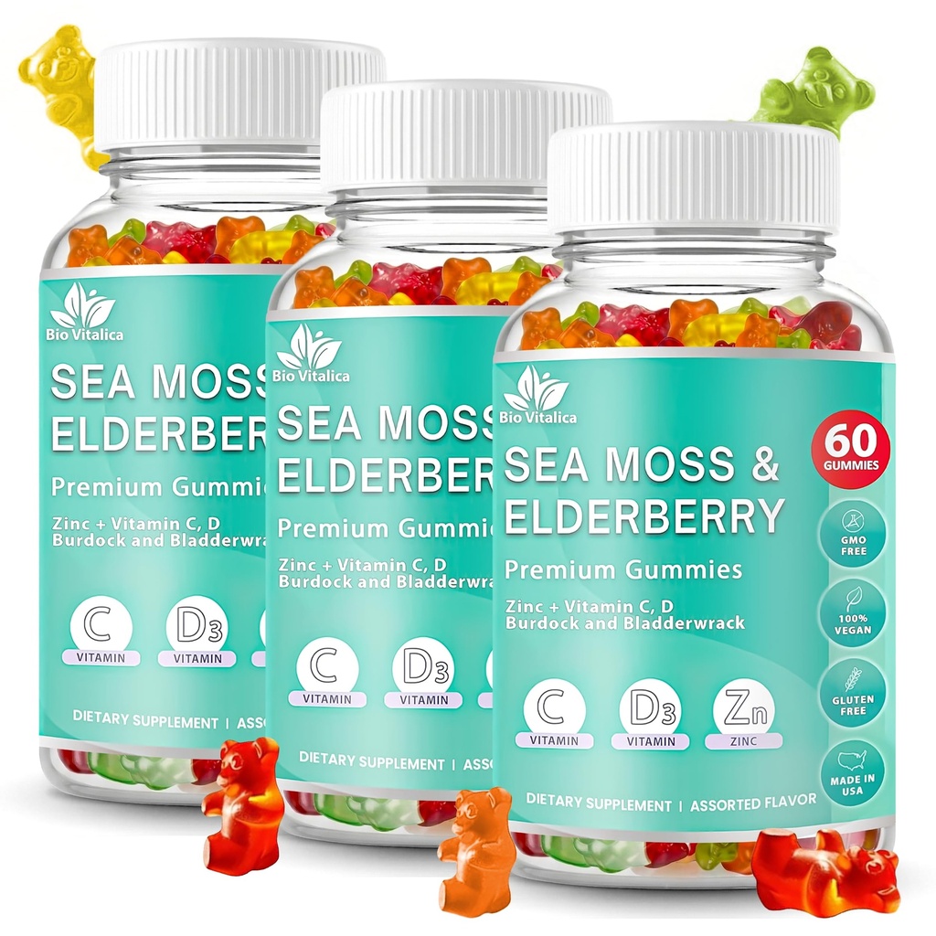 BIO VITALICA 海 Moss Gummys 长老莓 BioVitalica - 维生素C D + Zinc - 爱尔兰 Seamoss Vegan Gummy 与 Sea Moss Gel 和 Power 为成人和儿童提供豁免、解毒(3Packs)
