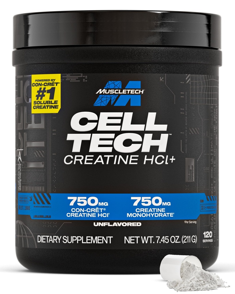 肌肉Tech细胞-Tech Creactor Creatine HCl 粉末,男女健身后肌肉构建器,Creatine Hydrople + Free-Acid, Unflavored (120 services), 7.45 oz