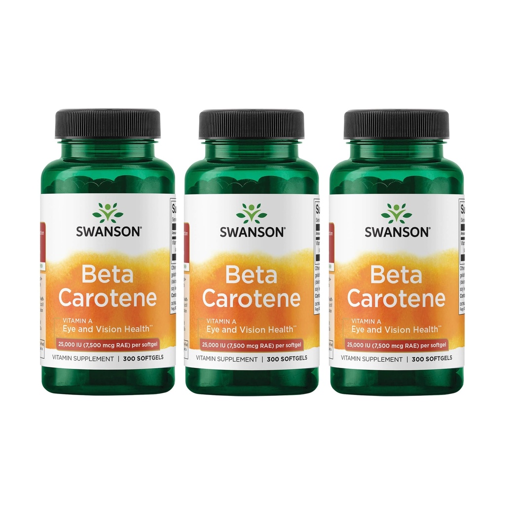 Swanson Beta-Carotene Vitamin A 25000 IU 皮肤眼免疫系统 健康抗氧化剂支持 7500 mcg 300 Softgels Count(3 Pack)