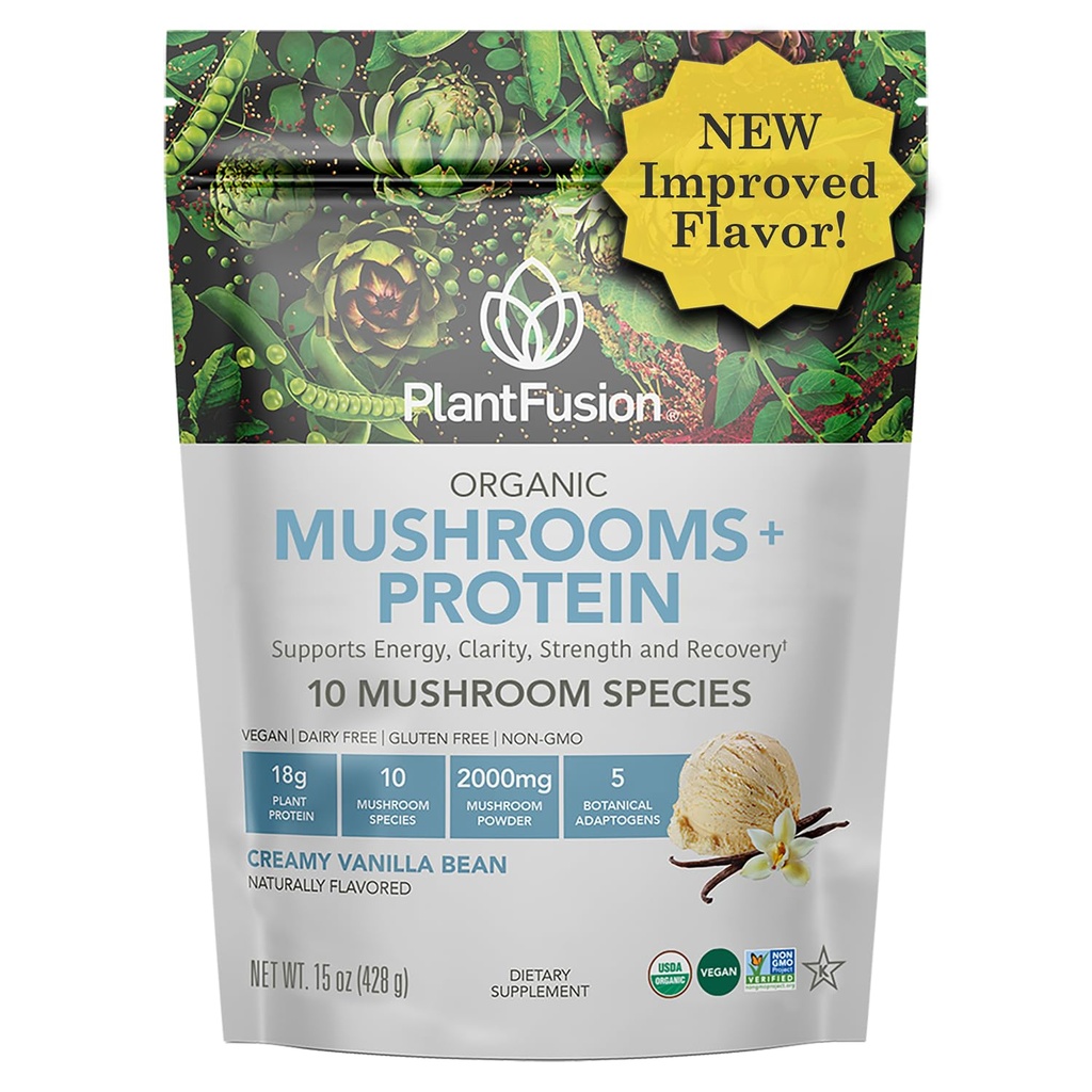 蛋白质粉 - 3 in 1 Vegan 蛋白质粉, 蘑菇补充剂, 适应物质补充剂 - 支持精神重点、豁免和恢复 - 香草 1lb