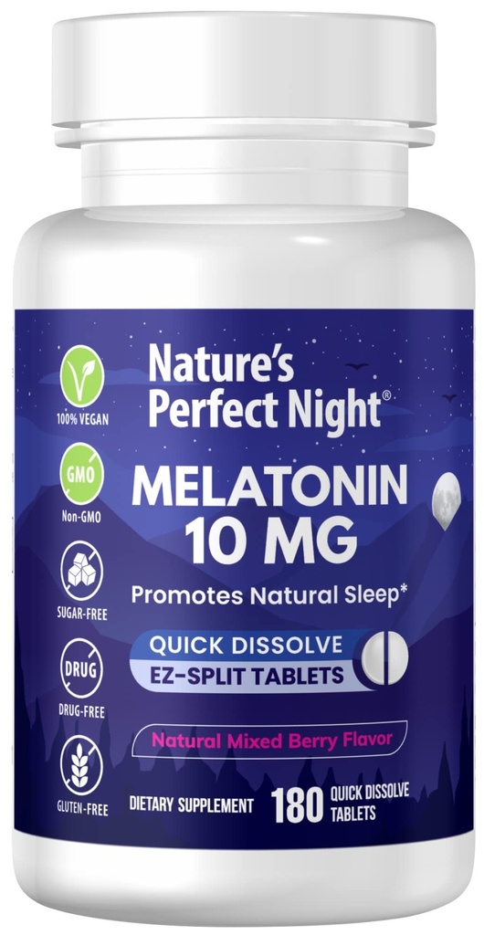 自然完美之夜 美拉托宁 10mg 180 快速溶解板 自然混合 贝里 火焰 高潜力 糖自由 维根 格卢滕 自由 价值大小