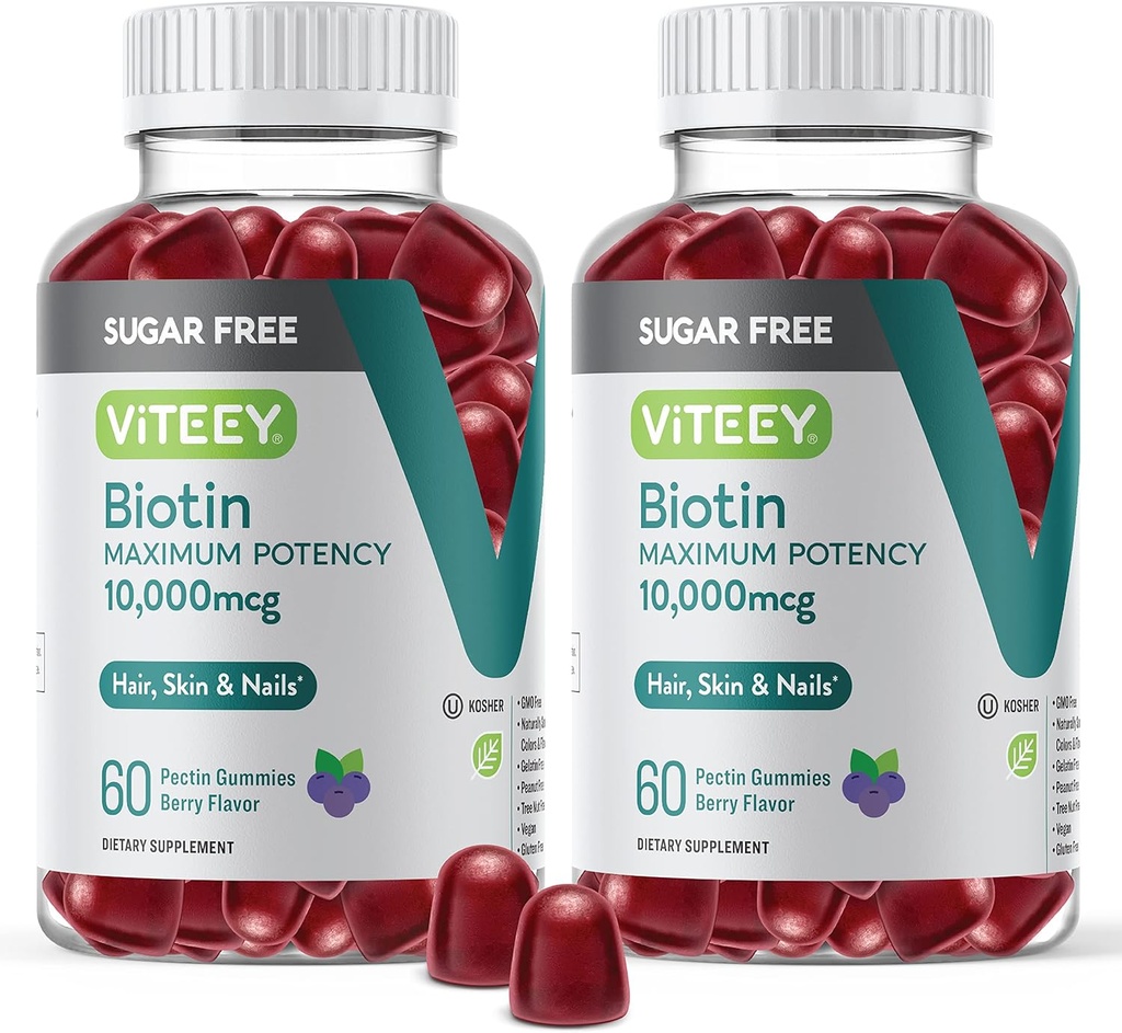 Viteey Biotin Gummys for Hair, Skin, and Nails 10,000mcg - 无糖 - 头发生长 Gummys, 健康皮肤 Glow, 强健健康 Nail 生长 - Vegan, Gluten Free, Gelatin Free - Tasty Berry Flavor