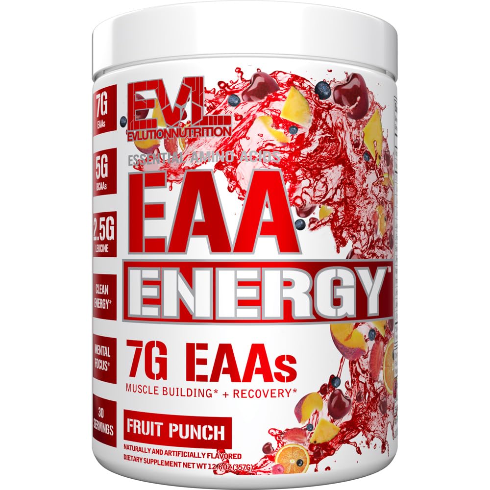 Evlution 营养 EAA 能量 - 工作前和工作后粉剂 - 肌肉建设与恢复补充剂 - 7g 基本氨基酸+ 5g BCAAs - 清洁能源 - 配有咖啡因 - 30 service - 果汁