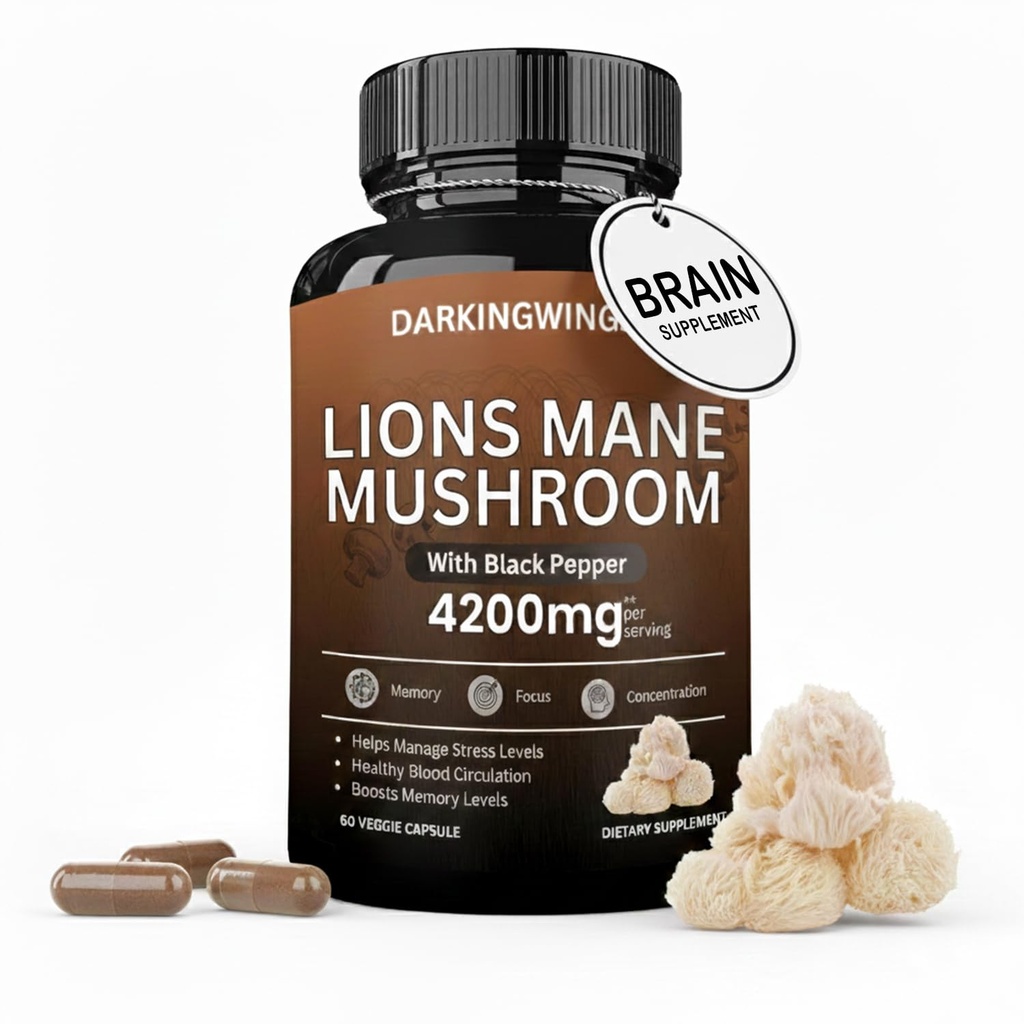 Lions Mane 蘑菇盖 4200mg 狮子的Mane 蘑菇盖 蘑菇盖 补充Capsules 用于脑健康和支持免疫健康 60 Veg