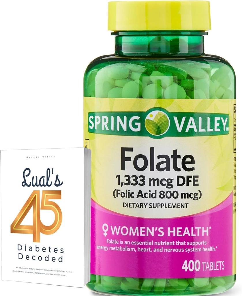 Folate 1,333 mcg. 春谷Folate饮食补充,1,333 mcg DFE,400 计数,Folate女性怀孕补充,Folic Acid 800 Bundle与Luall的45个糖尿病解码