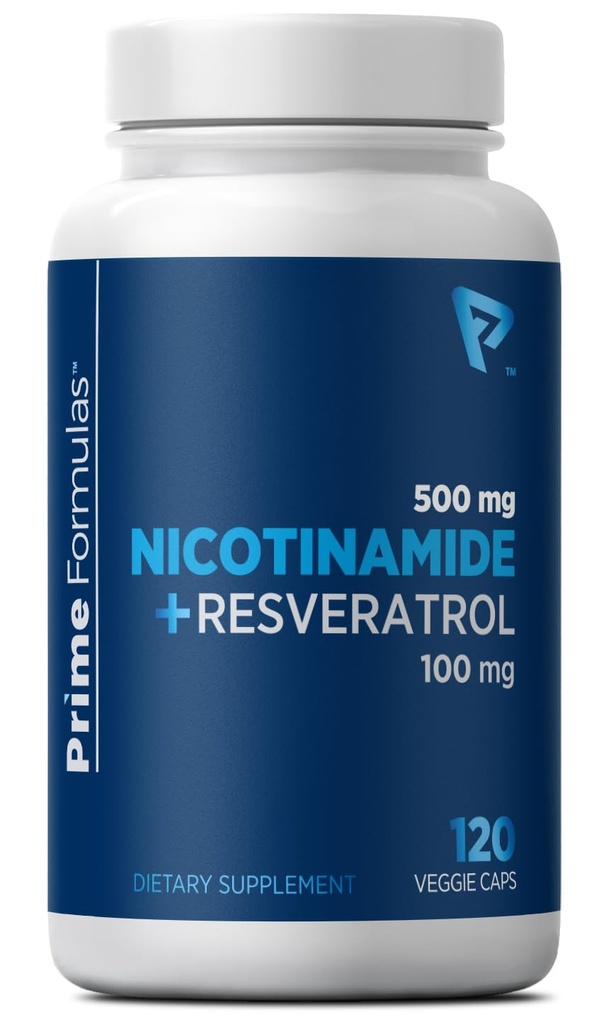 Nicotinamide 500 mg配有Resveratrol 100 mg 120 mg Veggie Capsules - 非GMO维生素B3,支持代谢健康,NAD+,皮肤细胞和Mitochondrial能源生产. 美国为男女制造