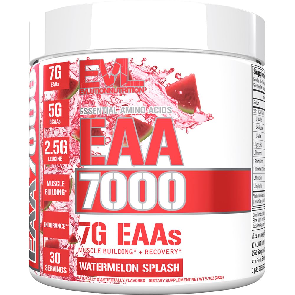 Evlution 营养 EAA7000 - 工作前和工作后粉 - 肌肉建筑+恢复补充 - 7g 基本氨基酸+5g BCAAs - 耐力+能源支持 - 30 服务 - 西瓜喷洒