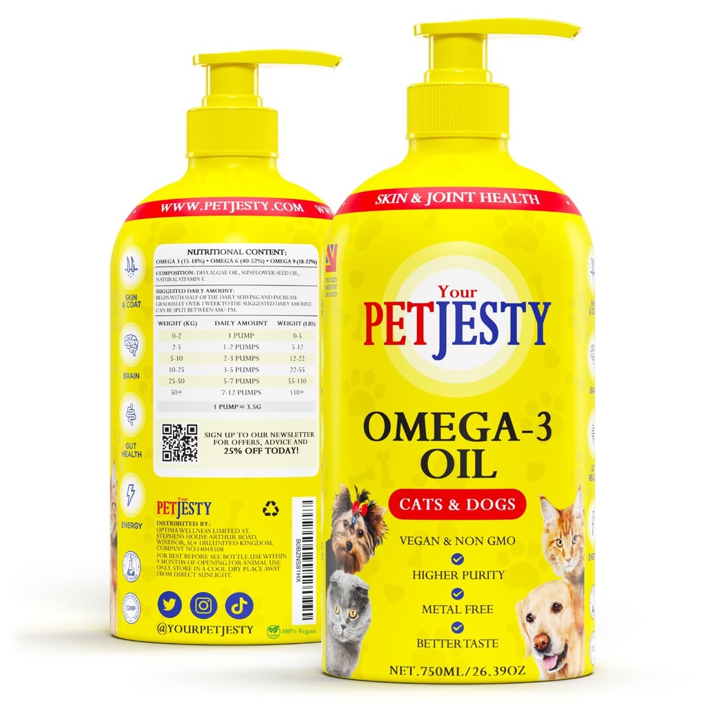PetJesty Pure Omega 3 Oil for Dogs & Cats 26.39oz - Omega 3 Skin & Coat 支持宠物的液体食品补充 - Vegan宠物 + DHA 用于联合功能,Immune & Heart Health,非鱼类油狗和猫