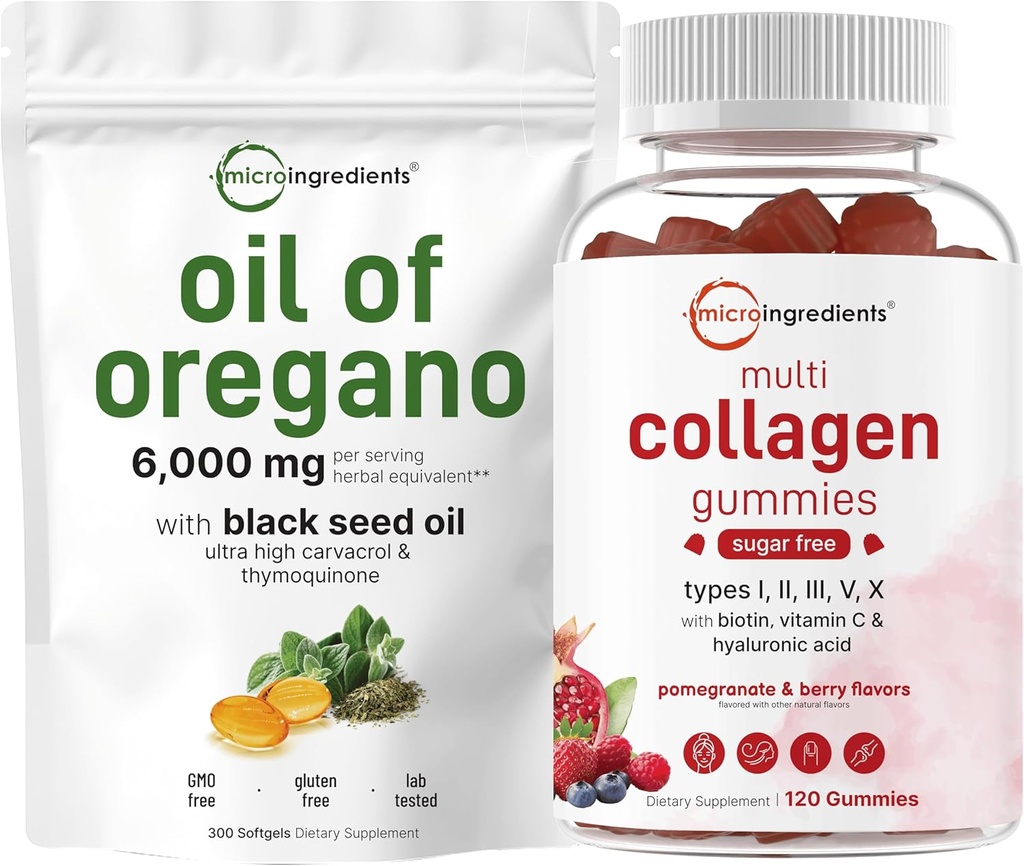 Oregano软胶的微成份油 6 000 mg Pervice & Multi Collagen Peptides Gummys Bundle Pack → 4X 强卡瓦罗尔和Thymoquinon → 类型 I,II,III,V,X 蛋白质