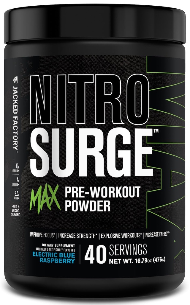 Jacked Factory Nitrosurge Max 高性能预选工作粉 - 预选工作w/诺热带 配料用于强化焦点,泵,平滑能源,耐力 - 40 services, Electric Blue Raspberry