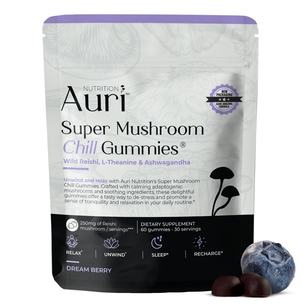 Auri Super Mushroom Chill Gummys - 天然镇静援助与减轻压力补充 成人w/Reishi Mushroom, Ashwagandha, L-Theannine - 松风心智和统一你的节日 - 60 calm Gummys