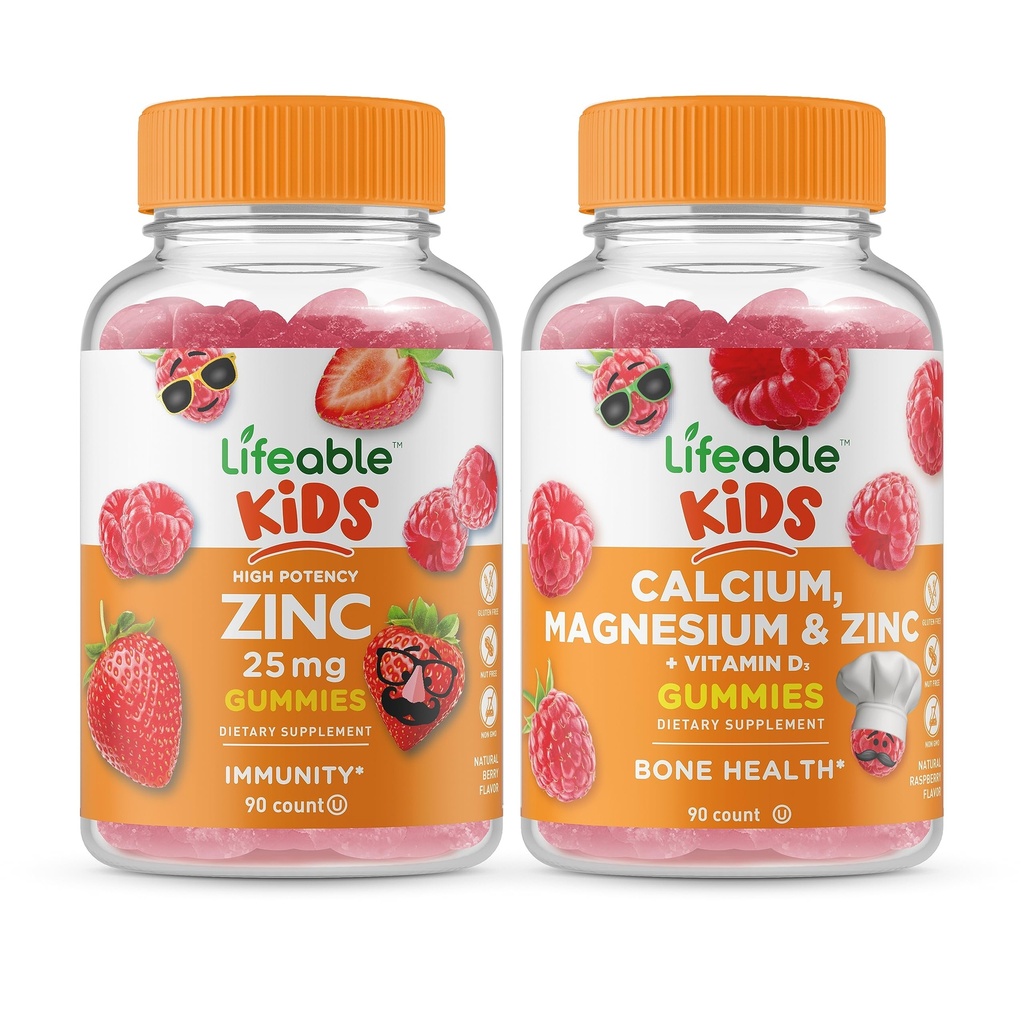 活化锌 25mg 儿童 + 钙 镁和锌 儿童 古米斯 包 - 大品尝,维生素补充,Gluten Free, GMO Free, Chewwable Gummy