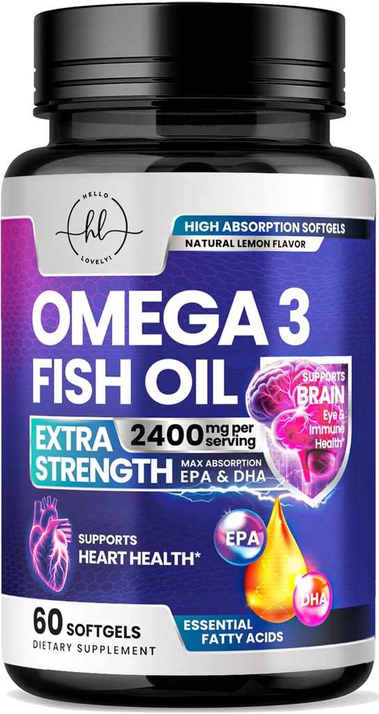 Omega 3 鱼油补充剂 2400mg - 三强Omega 3 脂肪酸,天然心脏健康脑与联合支持 - 脂肪酸与EPA & DHA - 野生抓鱼油补充剂 - 60 Softgels