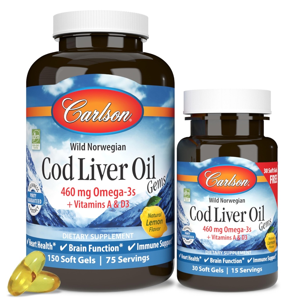 Carlson - Cod Liver Oil Gems, 460 mg Omega-3s, Plus Vitamins A和D3, Wild Caught 挪威北极鳕鱼, 可持续源头 北欧鱼类油囊,柠檬, 150 + 30 软胶